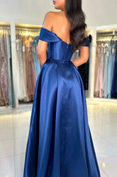 Simple Long Royal Blue Off-the-shoulder A-line Sleeveless Satin Prom Evening Dresses
